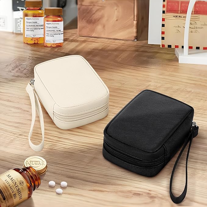Zannaki Cute Pill Organizer for Purse with Two Removable 7-Day Pill Box, Travel PU Leather Pill Case, Portable Weekly Pill Container with Storage Bag to Hold Vitamins, Fish Oils, Supplements (Beige)