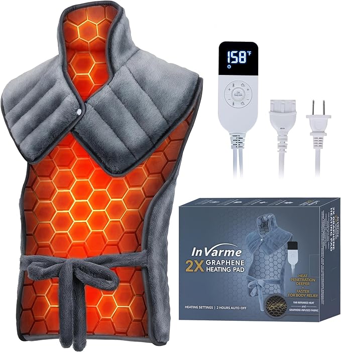 Neck-Back Far Infrared Heating Pad: 2X Graphene and Luxury Plush Electric Heating Pad for Neck Shoulders and Back - 3X Deep Pain Relief for Mom Dad in Full Body - 24” X 37” 2H Auto Off