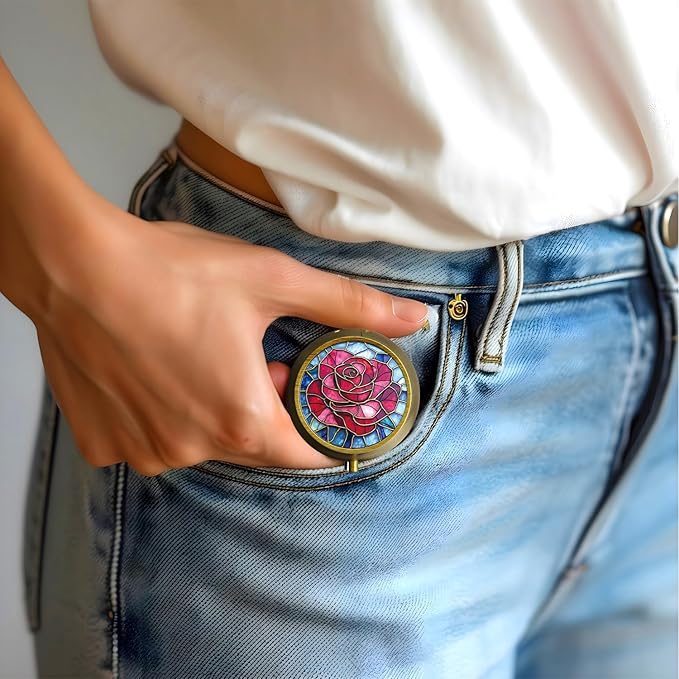 Small Pill Case Pill Box with Mirror Retro 3 Compartment Pill Holder for Purse or Pocket Bronze Portable Medicine Vitamin Container Fish Oil and Supplement Storage BPA-Free(Rose)