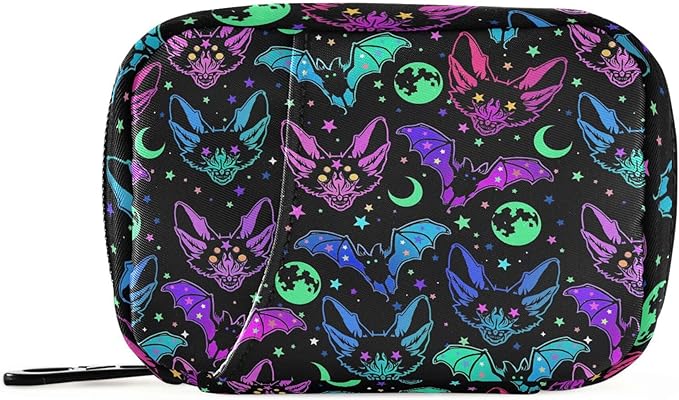 Travel Pill Organizer Bag Weekly Pill Organizer Case Bats Moons and Stars Portable Small Daily Pill Boxes for Vitamin Fish Oils Supplement Holder with Zipper Compact Size