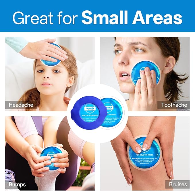samply Small Gel Ice Packs for Boo Boos, Cold Packs for Injuries Reusable Pain Relief, Headaches and Toothaches,Eyes, Face, 5 Pack Mini Round Ice Packs with 2 Covers for Cold Compress