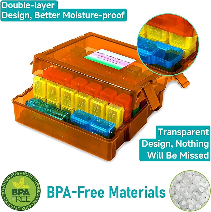 Monthly Pill Organizer 2 Times a Day, Portable AM PM Pill Box with Weekly Travel Bag, Large Capacity Medicine Organizer with Labels, 30 Day Pill Case & Pill Cutter for Medication Management (Orange)