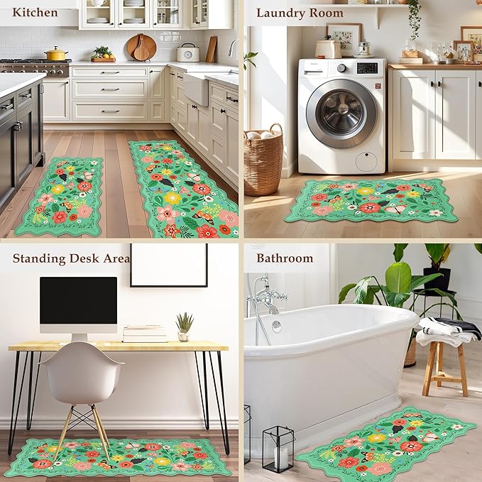 Scalloped Green Kitchen Mats for Floor 2PC Cushioned Anti Fatigue Kitchen Mats Rugs Waterproof Non Slip Farmhouse Boho Floral Comfort Foam Standing Mat for Sink Laundry