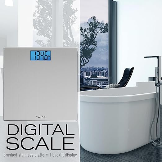 Taylor Digital Scales for Body Weight, High 400 LB Capacity, Brushed Stainless Steel Thin Glass Platform, Unique Blue LCD, Durable Platform, 11.8 x 11.8 Inches, Stainless Steel