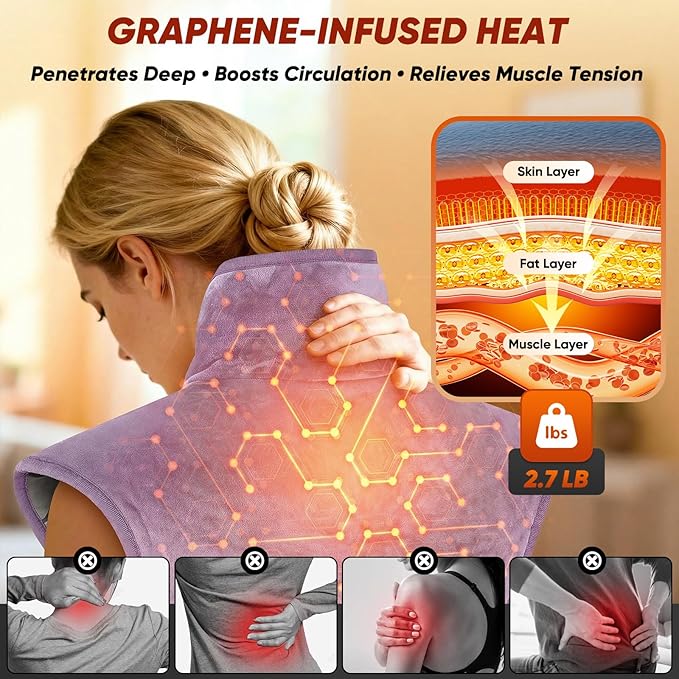 Heating Pad for Back, Neck & Shoulders, 2.7lb Weighted Graphene Electric Heating Pad for Pain Relief, Wearable Full Body Large 24"x35", Fast Heating, ETL Certified, Purple