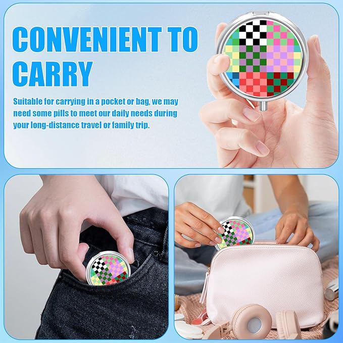 Colorful Checkered Pill Case, Pill Box 3 Compartments Metal Small Pill Holder with Mirror Mini Travel Pill Container for Purse Pocket Women Men