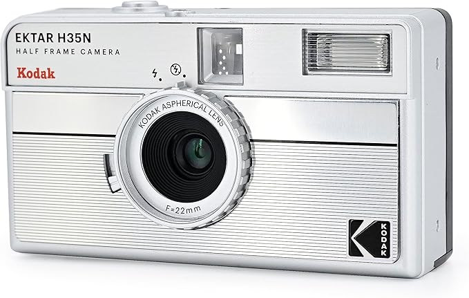 Kodak EKTAR H35N Half Frame Film Camera, 35mm, Reusable, Focus-Free, Bulb Function, Built-in Star Filter, Coated Improved Lens (Film & AAA Battery are not Included) (Striped Silver)
