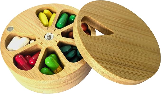 fashciaga Bamboo Wood Daily Weekly Vitamin Medicine Pill Organizer Case Box,Kitchen Salt Spice Cellar Containers,Earring Ring Jewelry Storage Decorative Box (Small)