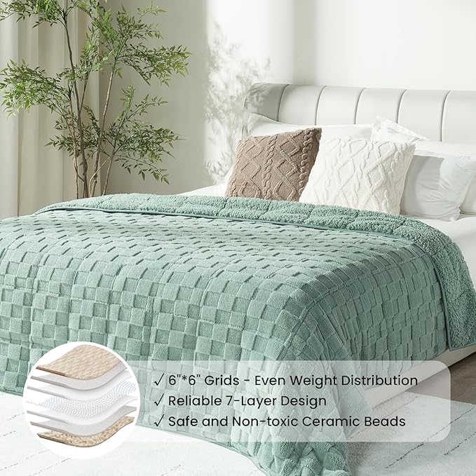 Drewin Weighted Blanket Full Size 15 Pounds, Ultra-Soft Fluffy Jacquard Sherpa Weighted Blankets for Couch Bed, Cozy Heavy Blanket for Winter, 48 x 72 inches, Sage Green