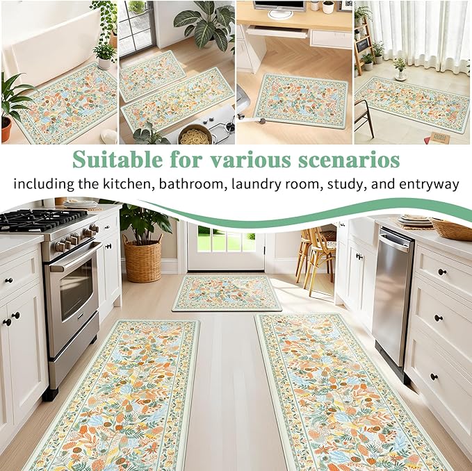Kitchen Rugs Sets of 3 Cushioned Anti Fatigue Kitchen Mats for Floor, Non Slip Waterproof Vintage Botanical Floral Runner Rug, Comfort Standing Mat for Laundry, Sink, Office Beige
