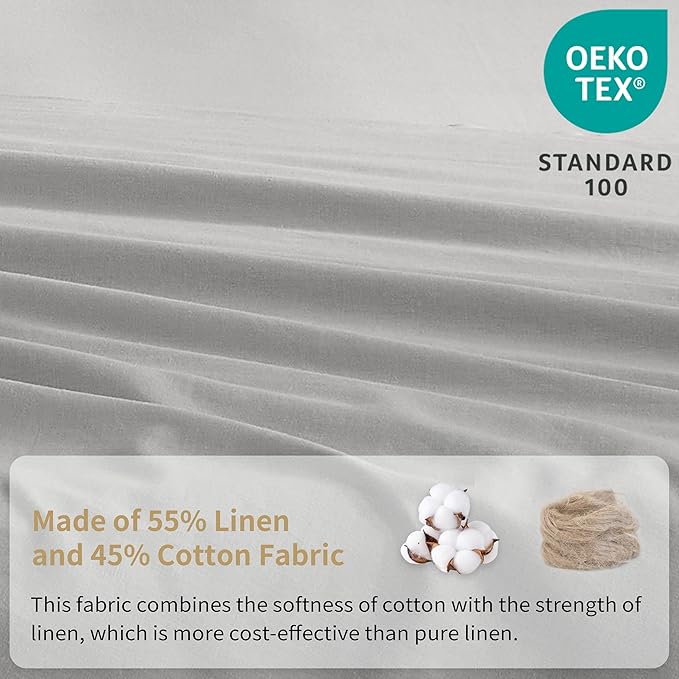 Simple&Opulence Belgian Linen Sheet Set Solid Color - 5 Pieces (1 Flat Sheet, 2 Fitted Sheets & 2 Pillowcases) Natural Flax Cotton Blend Soft Breathable Farmhouse Bedding - Split King Size, Grey
