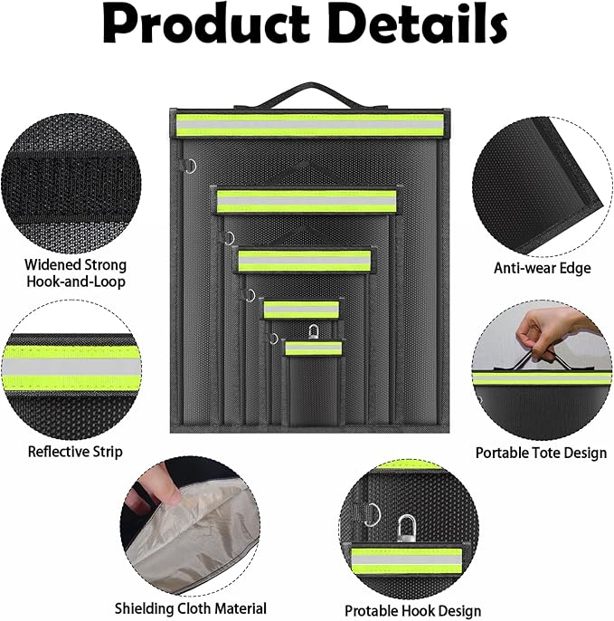 5 Pack Faraday Bags with Handle & Reflective Strip, Faraday cages for Laptops, Tablets, Phones, Car Keys, Anti-Tracking EMP Bag, Fireproof & Waterproof Signal Blocking Pouch