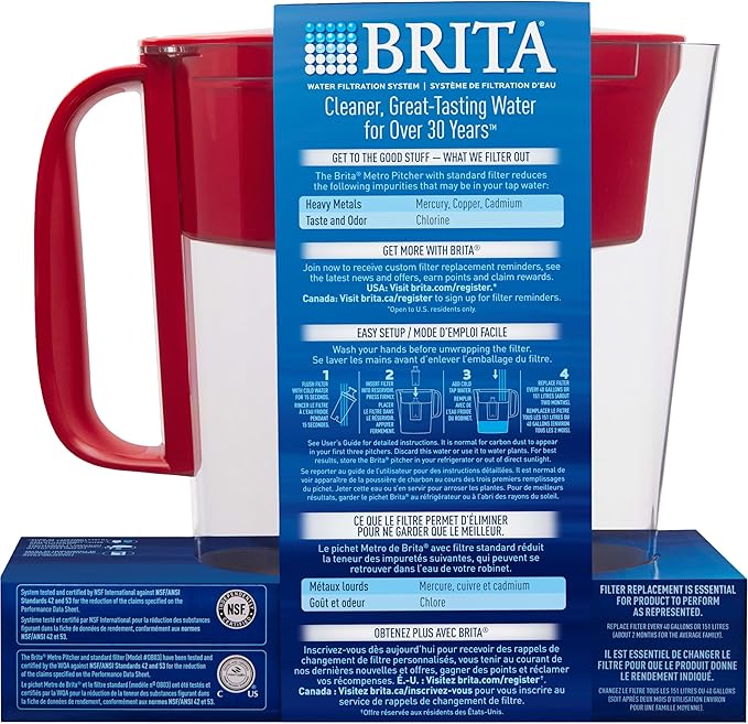 Brita Water Filter Pitcher for Tap and Drinking Water with 1 Standard Filter, Lasts 2 Months, 6-Cup Capacity, BPA Free, Red