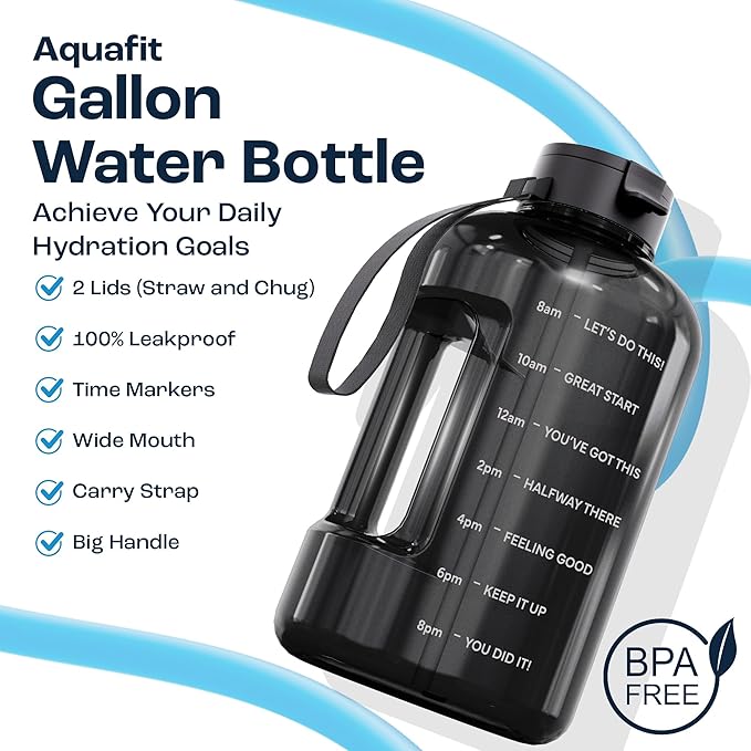 AQUAFIT 128 oz Water Bottle with Time Marker - Straw & Chug Lid - BPA Free 1 Gallon Gym Water Bottle with Handle - Big Gallon Jug (Blue Skies, 128 Ounces)