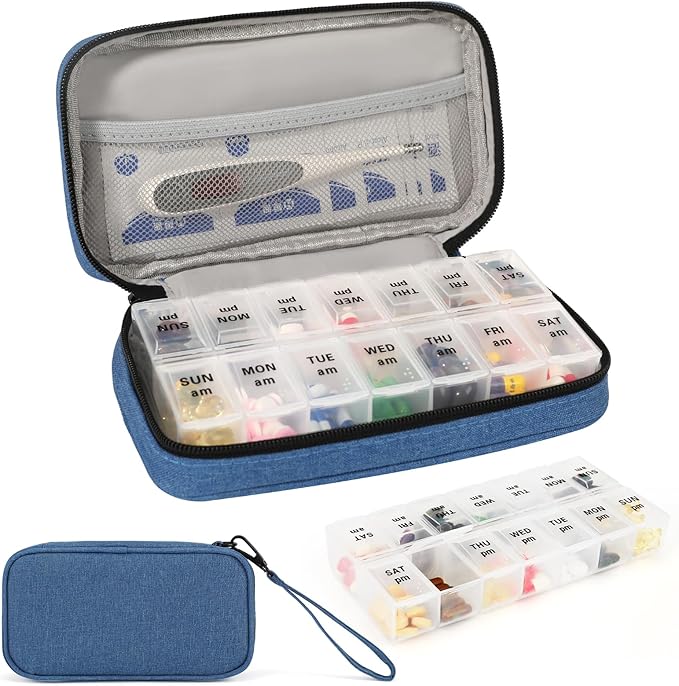 Weekly Pill Organizer 2 Times a Day, Travel Pill Box 7 Day with Large Opening, Pill Case with Handle, Pill Dispenser Medicine Organizer for Vitamins, Fish Oils, Medications, Supplements (Blue, Large)