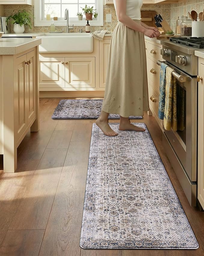 LUMI Anti-Fatigue Kitchen Floor Mats Set of 2,Cushioned Comfort Standing Rug Waterproof 2PCS, Non-Slip Ergonomic Foam Runner for Sink, Laundry, Office & Home,17x29+17x59,Fog Nest