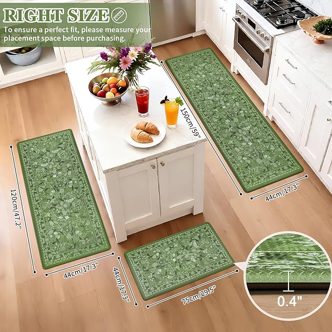 Kitchen Rug Green Botanical Floral Anti-Fatigue Kitchen Mat, Waterproof Non Slip Comfort Standing Mat Rug for Home, Sink, Laundry 17.3"x59"