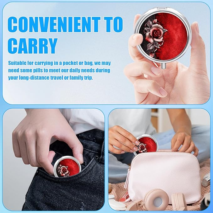 Vintage Rose Pill Case, Flower Pill Box 3 Compartments Metal Small Pill Holder with Mirror Mini Travel Pill Container for Purse Pocket Women Men