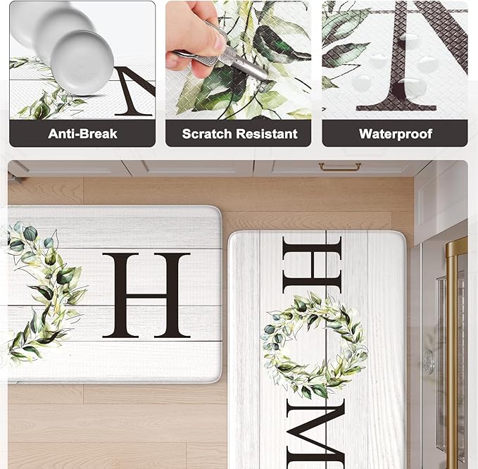 KIMODE Anti Fatigue Kitchen Mats for Floor, Farmhouse Kitchen Rugs Sets of 2, Cushioned Kitchen Floor Mats, Comfort Standing Mats for Sink, Laundry, Office, Desk White 20"x47"+20"x32"