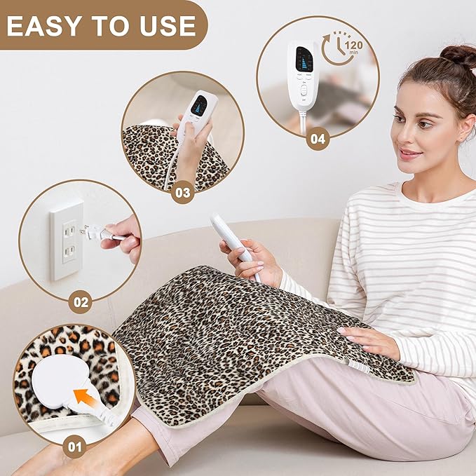 Deepsoon Heating Pad,Electric Heating Pads for Back,Neck,Abdomen,Moist Heating Pad for Shoulder,Knee,Arms,Legs,Dry/Moist Heat & Auto Shut Off,Christmas Gifts for Men and Women,Leopard Print,24x20 Inch