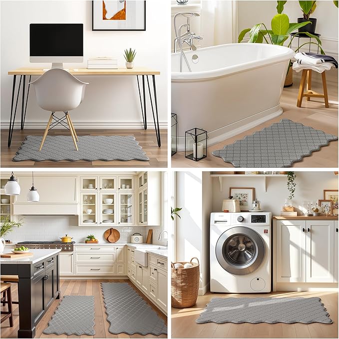 Upgrade Scalloped Embossed Kitchen Mats for Floor 2PCS Cushioned Anti Fatigue Waterproof Foam Kitchen Rugs Non Slip Washable Comfort Standing Mat for Office Sink Laundry, Gray