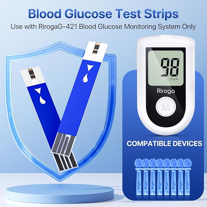 Riroga Blood Glucose Test Strips, 100 Count Blood Sugar Test Strips for Diabetes, 100 Counts Blood Lancets, Only Blood Glucose Monitoring System G-421