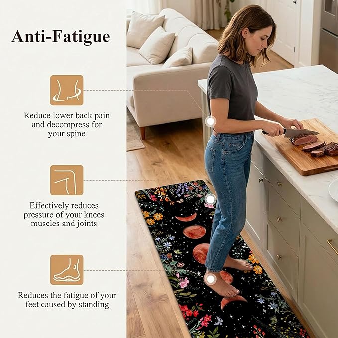 Kitchen Rug Mats for Floor Cushioned Anti Fatigue Black Kitchen Rugs Sets of 2 Moon Garden Floral Non Slip Waterproof Comfort Memory Foam Standing Floor Mat for Office Laundry Sink Desk