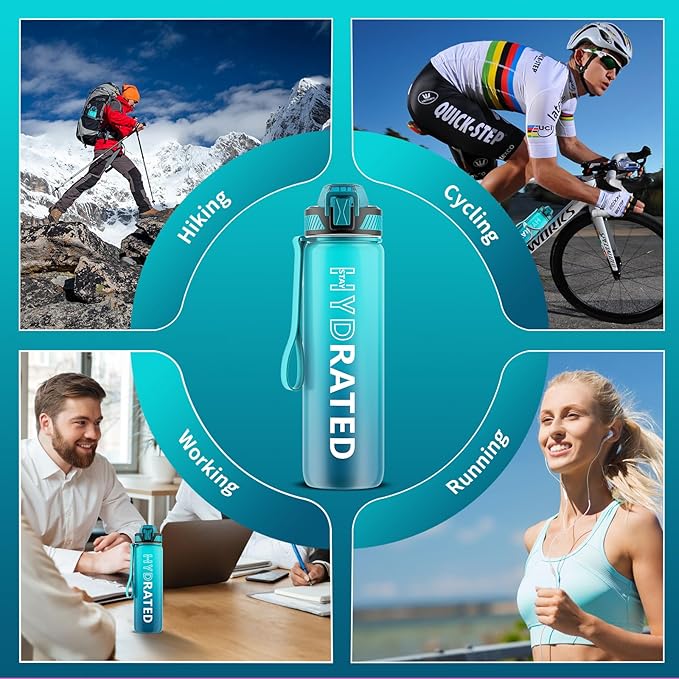 Water Bottle with Straw, 32oz Motivational Water Bottles with Time Marker to Drink, Tritan BPA Free, 1L Sports Water Bottle with Carry Strap LeakProof for Women Gym Fitness Outdoor (1 Pack)