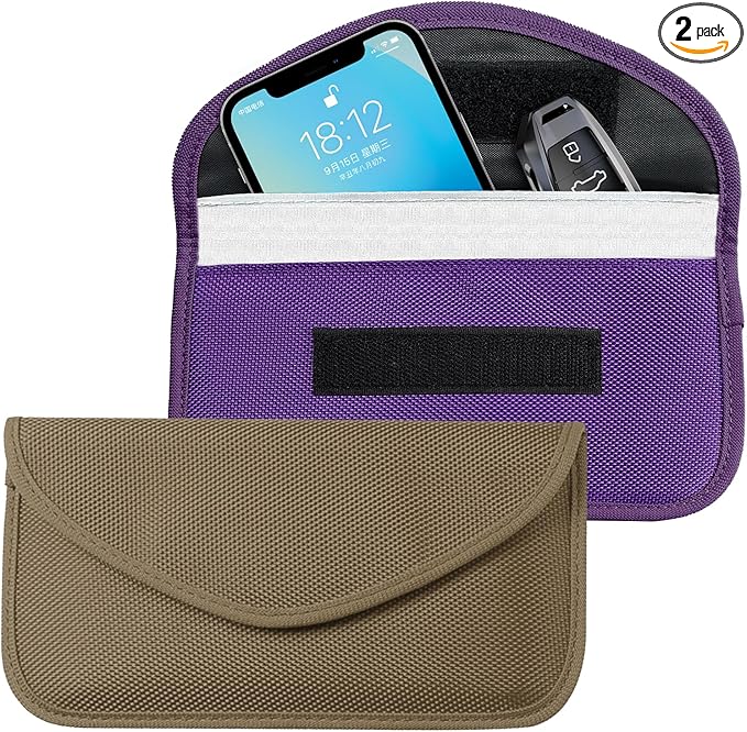 2PCS Faraday Bags for Car Key and Cell Phone, Signal Blocking Bag, Faraday Key Fob Protector, Universal Cell Phone Privacy Card Protection Car Accessories for Anti-Thefting (Khaki+Purple)