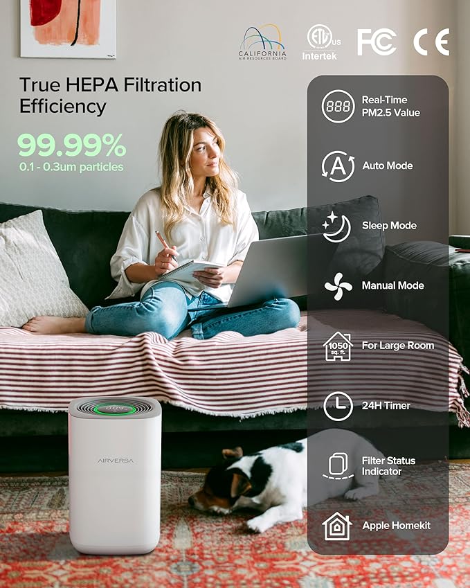 Airversa Air Purifier for Home Bedroom Large Room 1050 Sq Ft Air Filters Up to 99.99% PM2.5 Display Smart Air Cleaner Works with HomeKit for Baby Pet Desktop Office, AP2-2025