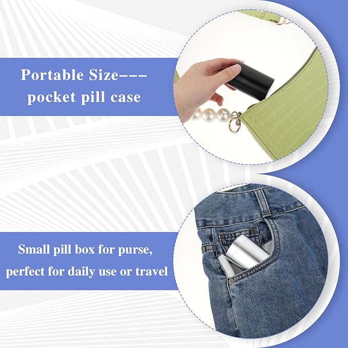 2pcs Portable Metal Pill Organizer, Round Daily Pill Box Holder Pocket Small Pill Case Medicine Organizer Vitamin Bottle Containers for Traveling Outdoor Fish Oils Supplements (Black+Silver)