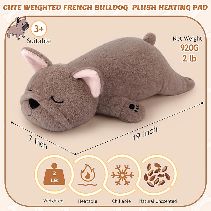 2lb French Bulldog Microwavable Heating Pad-19'' French Bulldog Heating Pads for Cramps &Period Pain Relief, Heatable & Coolable Stuffed Animals Bedtime Birthday Gift for Women Kids