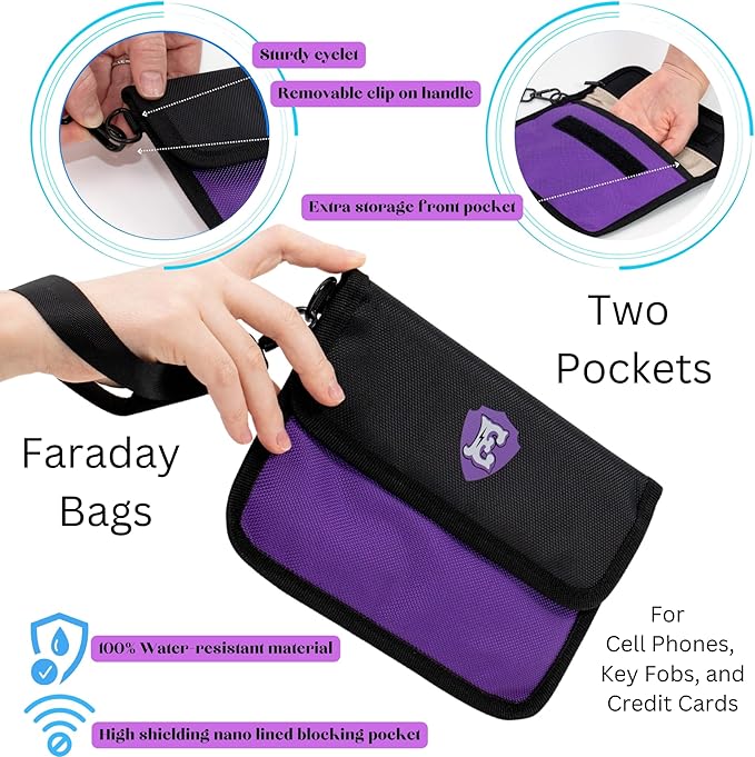 Large Faraday Bags for Phones with Two Pockets, RFID Blocking Sleeves, Signal Blocking Shield, Faraday Key Fob Protector, RFID Faraday Pouch for Key fob w/Removable Handle