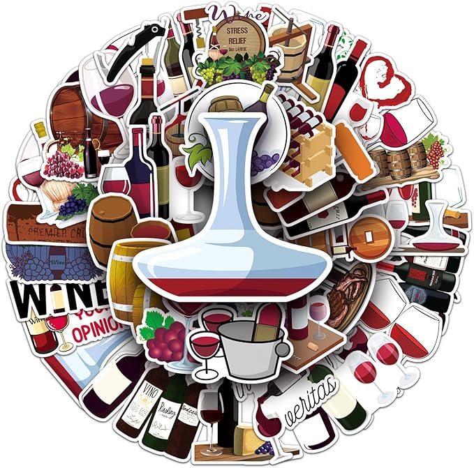 50pcs Red Wine Stickers,Cute Wine Label & Glass Pattern Decals, Waterproof & Durable for Notebook, Wine Bottle, Party Decoration