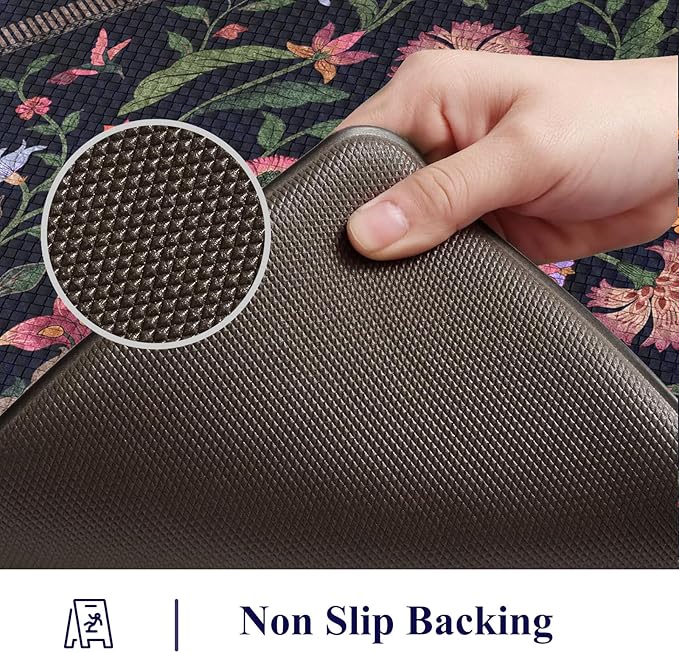 Collive Anti Fatigue Kitchen Mats, Cushioned Kitchen Rugs Set of 2 Waterproof Non Slip Desk Mat, Comfort Standing Rug Vintage Floral Carpet for Office, Sink, Laundry, 17.3"x29"+17.3"x47", Purple/Blue