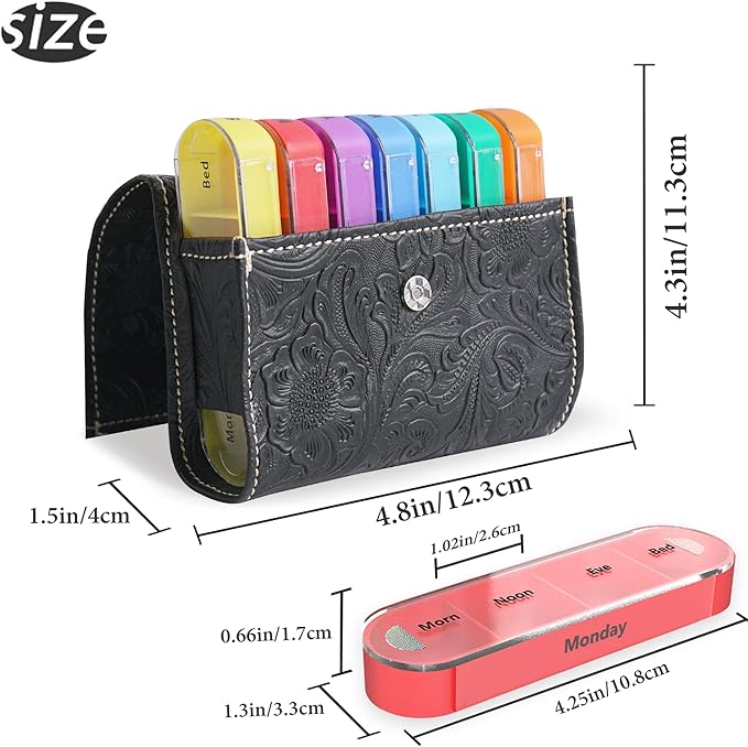 Pill Organizer,Haecsfl Weekly Travel Pill Case Box Medication Reminder Daily AM PM, Day Night 7 Compartments,for 4 Times A Day, 7 Days a Week-Includes Leather PU Carrying Case(1-Carved Black)