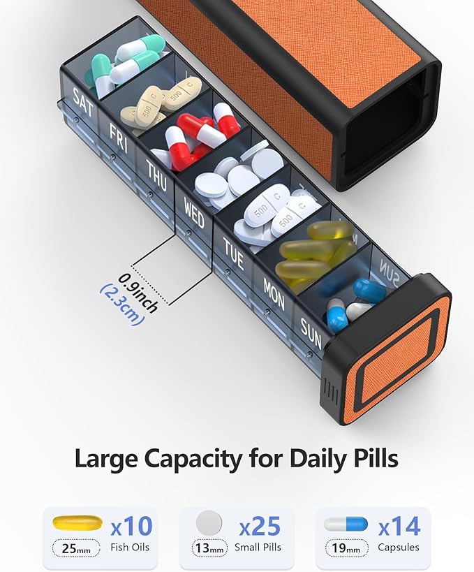 Weekly Pill Organizer 7 Day, Discreet Leather Pill Case for Purse or Pocket, Easy Slide-Out Daily Medication Planner, 1 Time a Day Travel Vitamin and Supplement Holder (Orange)
