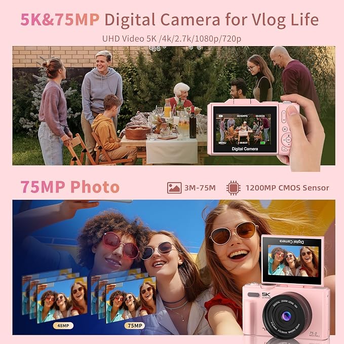 Ourlife Cameras for Photography,5K 75MP Autofocus Vlogging Camera for YouTube with 18X Zoom,3" 180°Flip Screen Selfie Digital Camera Compact Travel Camera for Beginner Teens,2*Battery(32GB Card)