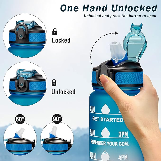 Motivational Water Bottle with Time Marker - 32oz, Leak-proof BPA Free Sports Water Bottles with Straw & Carrying Strap