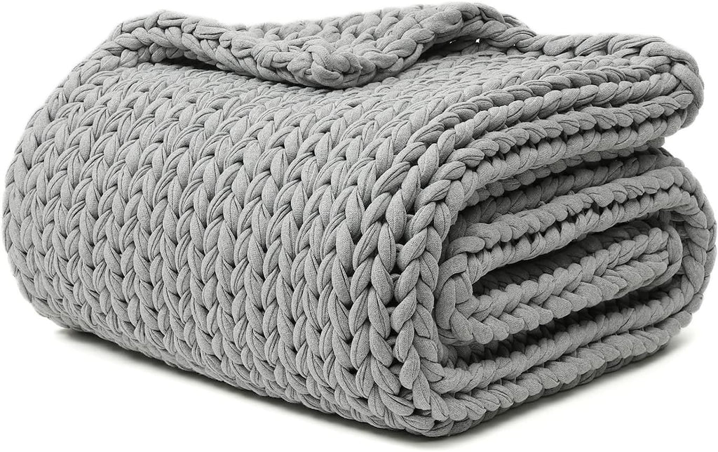 YnM 100% Cotton Weighted Blanket, Handmade Chunky Knitted Throw, No fillers Design, Soft and Breathable, Machine Washable Bed Blanket for Sleep or Home Decor (Lighte Grey, 40x50 Inch, 10lbs)