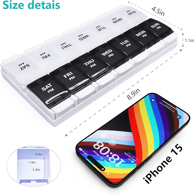 Large Pill Boxes and Organizer 2 Times a Day, MOLN HYMY 7 Day AM PM Pill Case, 14 Compartments Pill Dispenser to Hold Big Vitamin Supplements Fish Oil (Black+White)