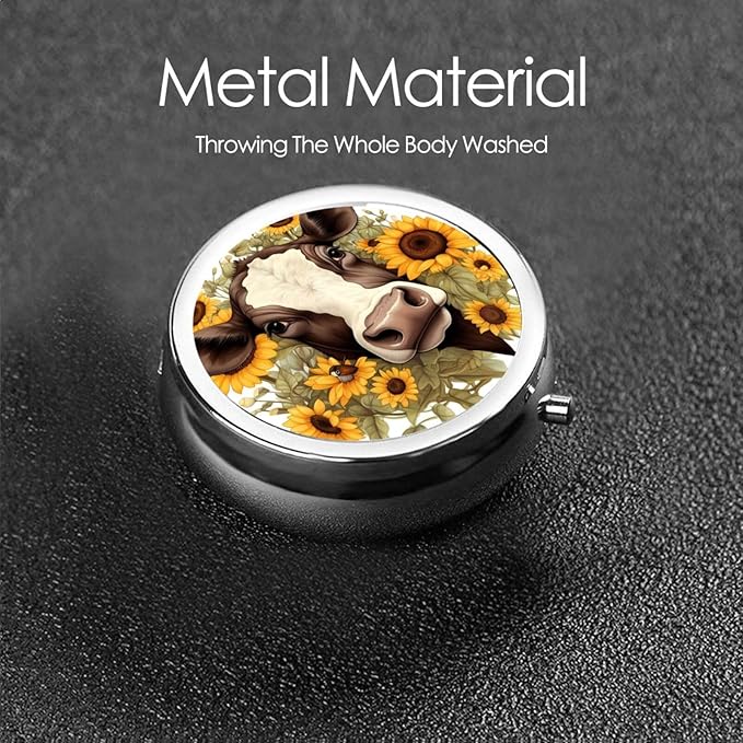 Sunflower Cow Pill Box 3 Compartment Pill Case, Portable Medicine Pill Organizer for Pocket Purse Pill Box Decorative Metal Medicine Vitamin Organizer