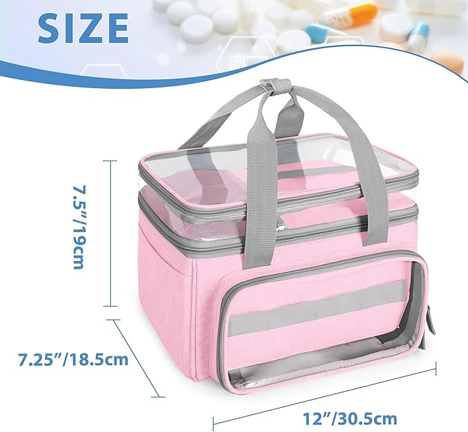 LUXJA Double-Layer Medicine Bag with Transparent Compartment, Pill Bottle Organizer with Detachable Divider (Suitable as a Home or Travel Medicine Bag), Pink