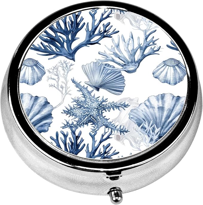 Pill Box, 3 Compartments Small Pill Case Travel Portable Metal Medicine Box with Mirror Mini Container for Purse Pocket Women Men（Starfish Seashell）