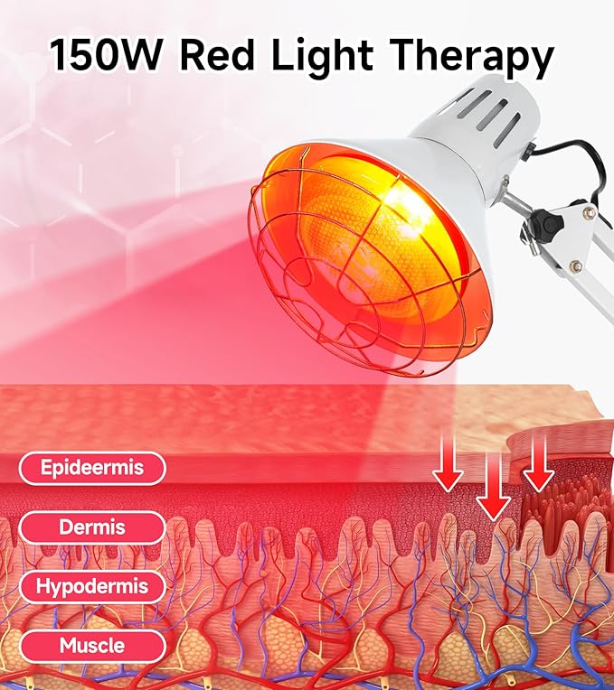 Serfory Infrared Lamp, 150W Near Infrared Light Therapy with Stand Sturdy, Adjustable Red Light Heat Lamp Intensity & Angle, Red Light Therapy Bulb for Body Neck Shoulder Joints Back Pain Relief