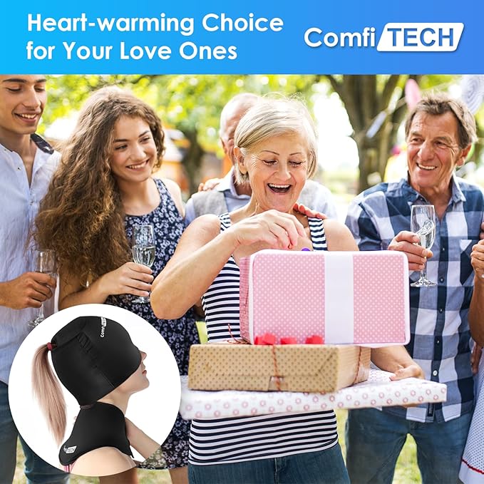 ComfiTECH Cold Cap and Neck Ice Pack Wrap Gel Combo, Care Package for Head and Cervical, Black, Large
