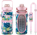 RYI Half Gallon Water Bottle with Sleeve & Strap 64 OZ Motivational Water Bottles with Straw Large Wide Mouth Water Jug with Time Marker for Fitness, Gym and Outdoor Sports, Leak-proof & BPA Free