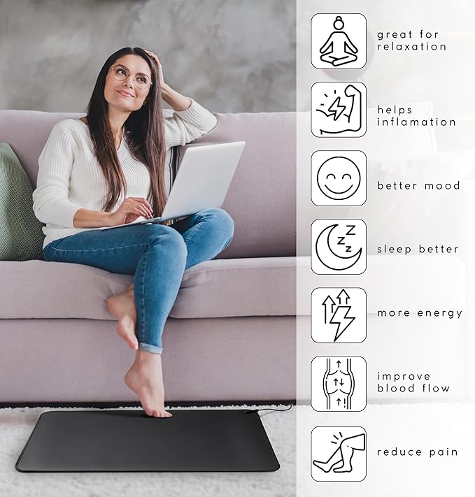 Grounding Mat for Sleep,Pain,Energy,Balance,Relief,Wellness,Inflamation. Earthing Grounding Mat for Home,Office,Work. 20FT Cord,24x16,Conductive Carbon Mat.