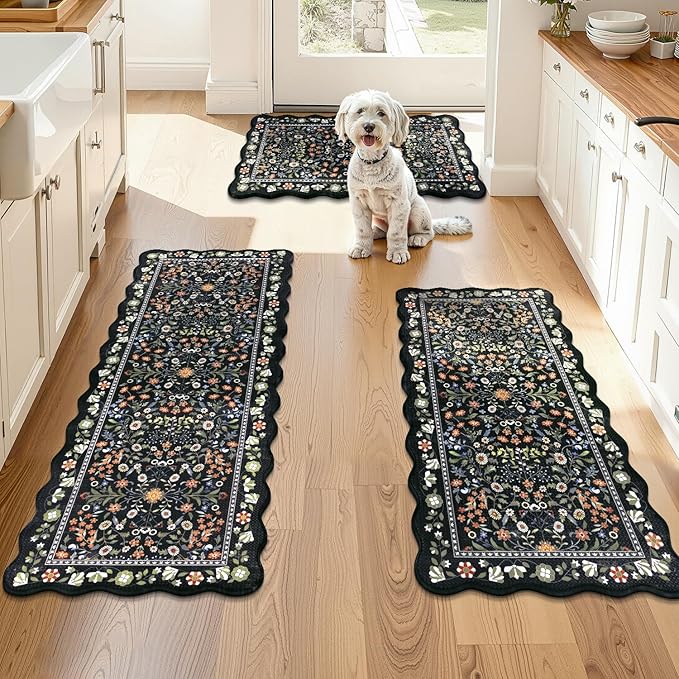 Yamaziot Anti Fatigue Kitchen Rugs Set of 3 - Boho Non Slip Waterproof Kitchen Mats for Floor, Boho Runner Rug for Kitchen Floor, Laundry, Desk, Bar, Office, 17.3"x29"+17.3"x35"+17.3"x47", Black