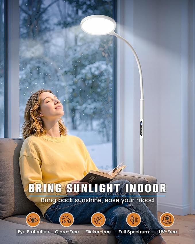 10000 Lux Light Therapy Lamp, Sunlight Therapy Lamps with 3 Color Temperatures &Dimmable &Timer, Full Spectrum &UV-Free Happy Lamp Light Therapy with Remote, Daylight Lamps for Home(White, Floor Lamp)